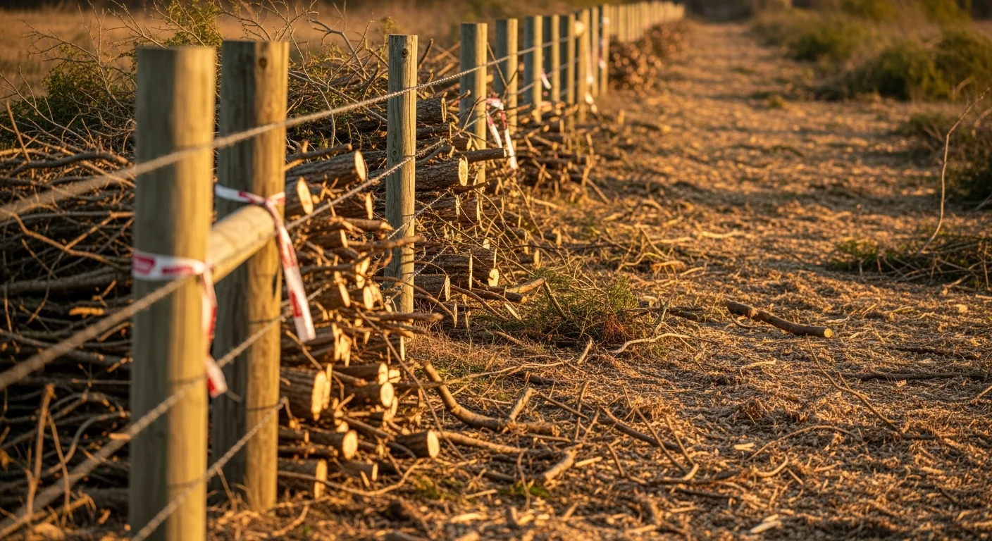 A cleared fence line corridor on a rural Springtown, Texas property, showing exposed fence posts and wire with cut brush and cedar stumps along the boundary edge. Open North Texas pasture land is visible beyond the cleared corridor.