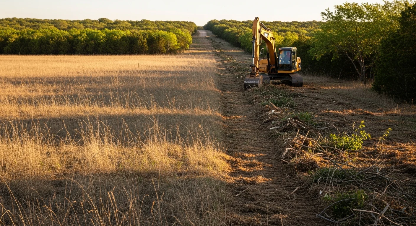 A cleared fire break strip on a Springtown, Texas rural property, showing bare soil and low ground cover separating dense brush from a residential structure. Surrounding Cross Timbers vegetation and open pasture are visible in the background.
