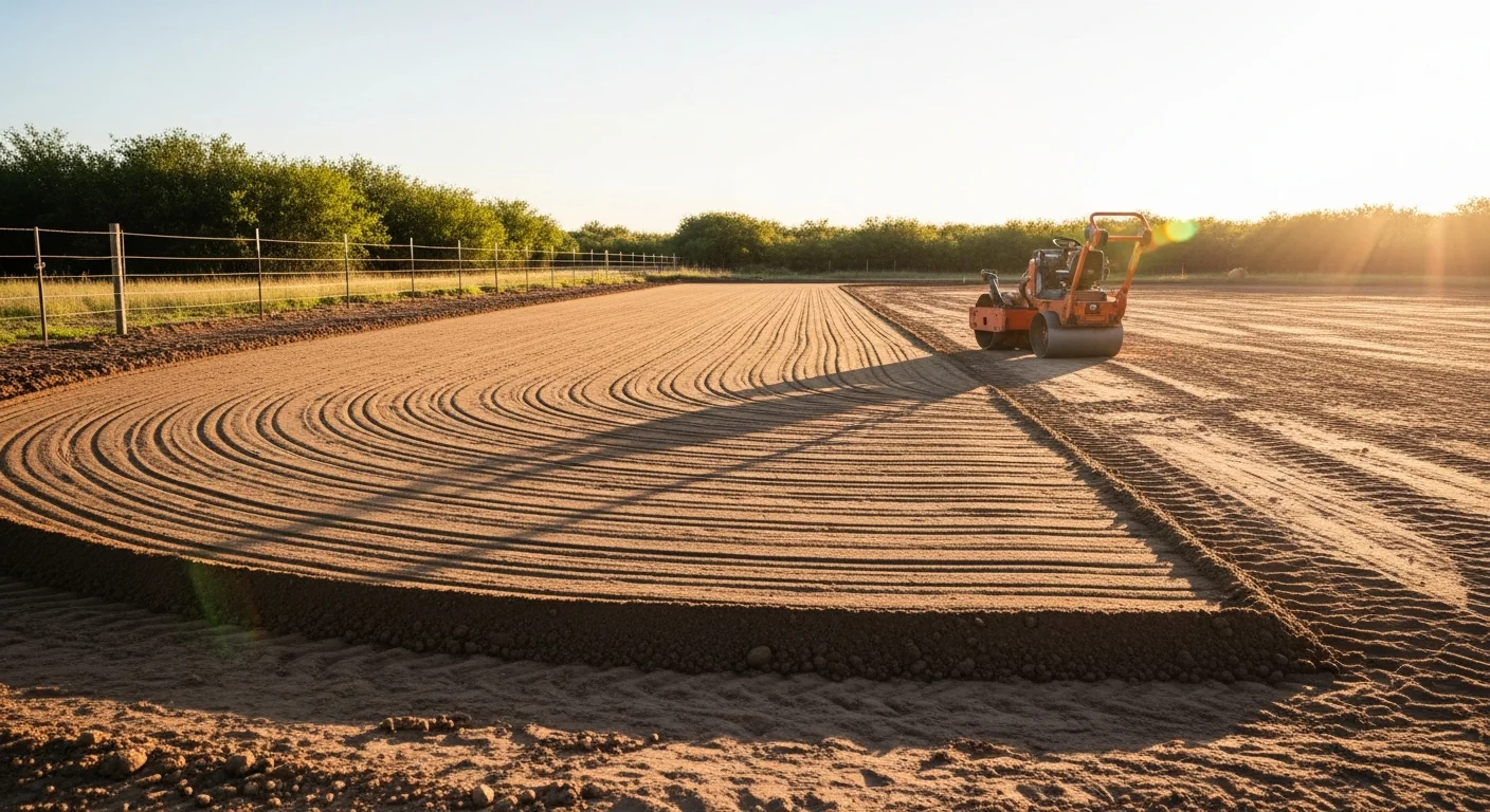 Excavation contractor grading and leveling a large outdoor horse arena site on a rural Springtown, Texas property. Heavy equipment compacts the subgrade base layer on a cleared, flat lot surrounded by open Parker County pastureland.