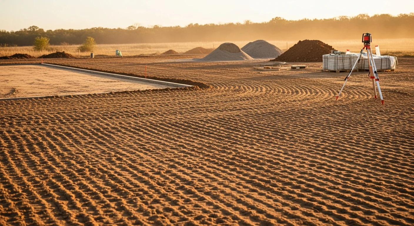 A freshly graded house pad on a Springtown, Texas property with compacted soil leveled and sloped for drainage, ready for concrete work. Heavy equipment tracks are visible across the smooth, build-ready surface on a clear Parker County day.