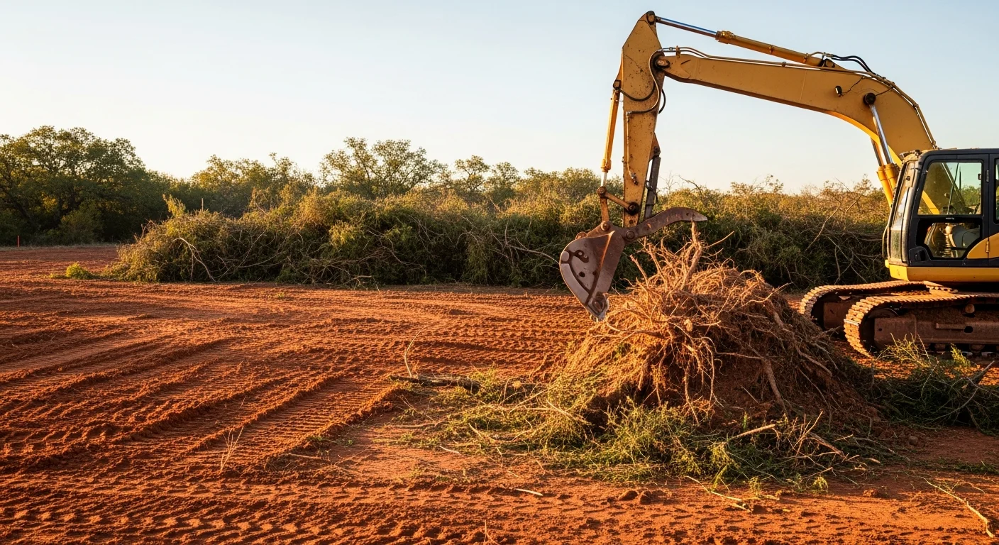 A Springtown, Texas rural property after professional land clearing, showing a wide open expanse of level ground with cedar and mesquite brush removed and the surrounding tree line intact. Heavy equipment tracks visible across the cleared North Texas soil surface.