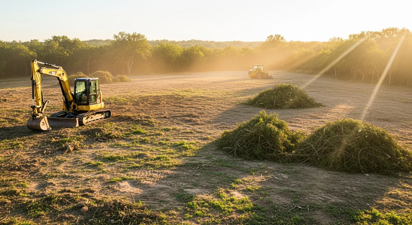 A Springtown, Texas property lot after overgrown brush and cedar have been cleared, showing open ground and restored access. Heavy equipment tracks are visible along the cleared edge where dense vegetation was removed.