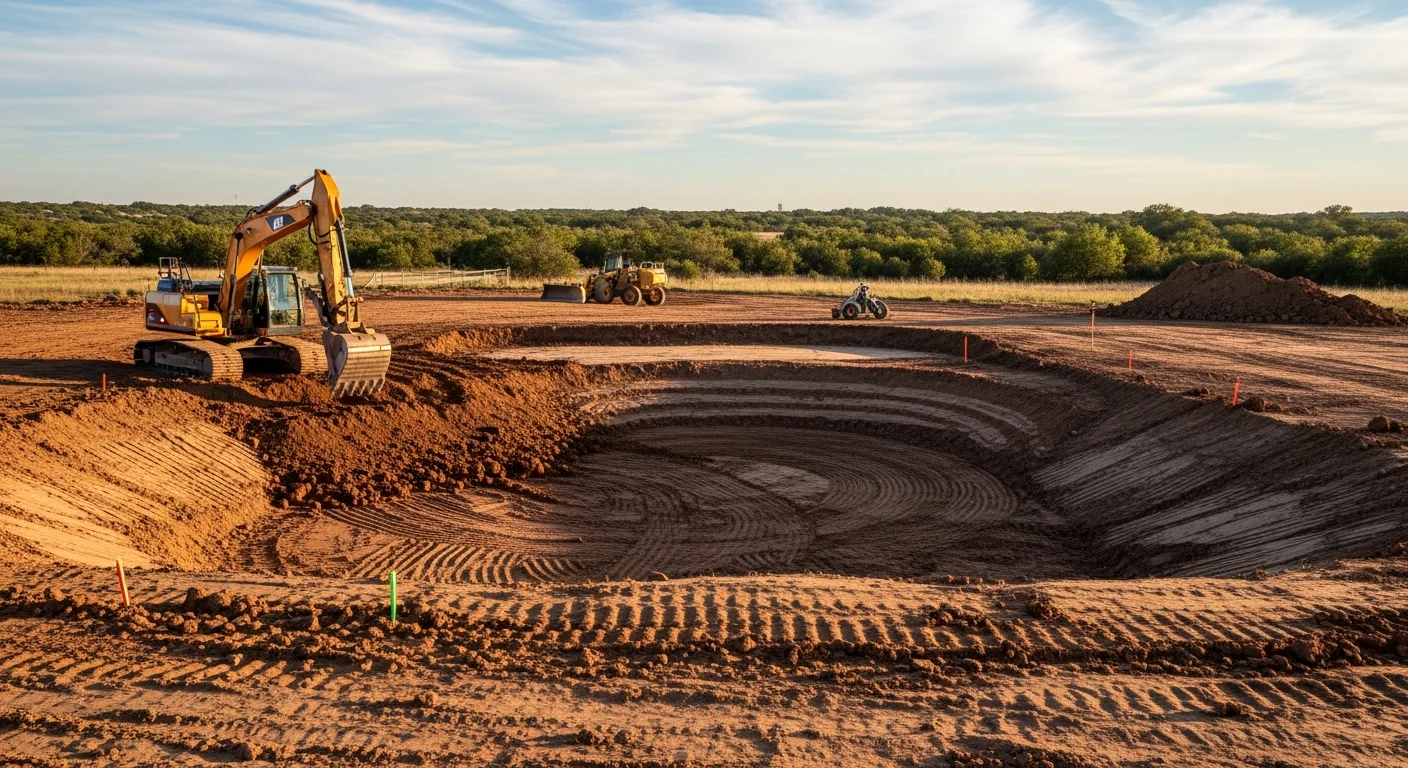 A freshly excavated stock pond on a Springtown, Texas rural property with compacted earthen banks and graded surrounding terrain. Heavy equipment tracks are visible along the dam edge, with open pasture land in the background.