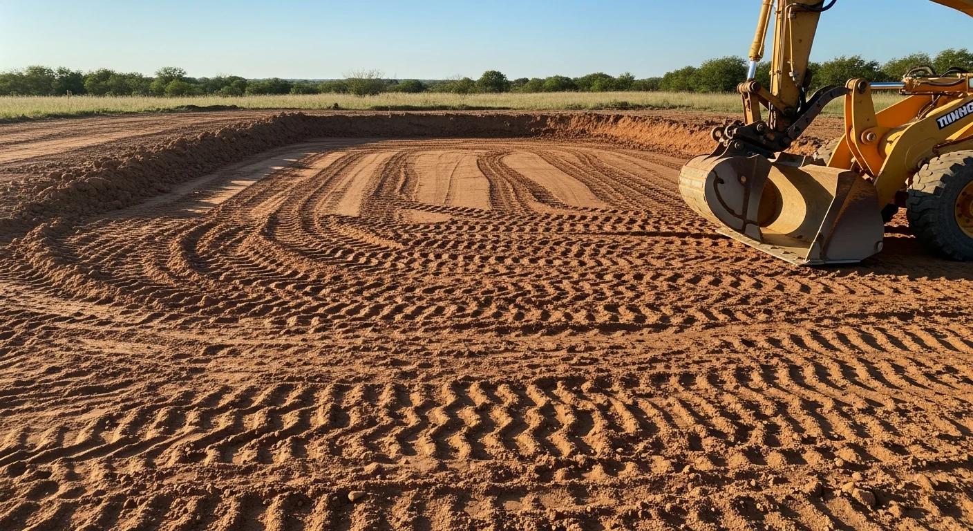 A Springtown residential property after professional grading, showing a smooth, evenly sloped yard with soil contoured away from the home's foundation. Heavy equipment tracks are visible in the foreground, and the graded surface is clear of low spots and debris.