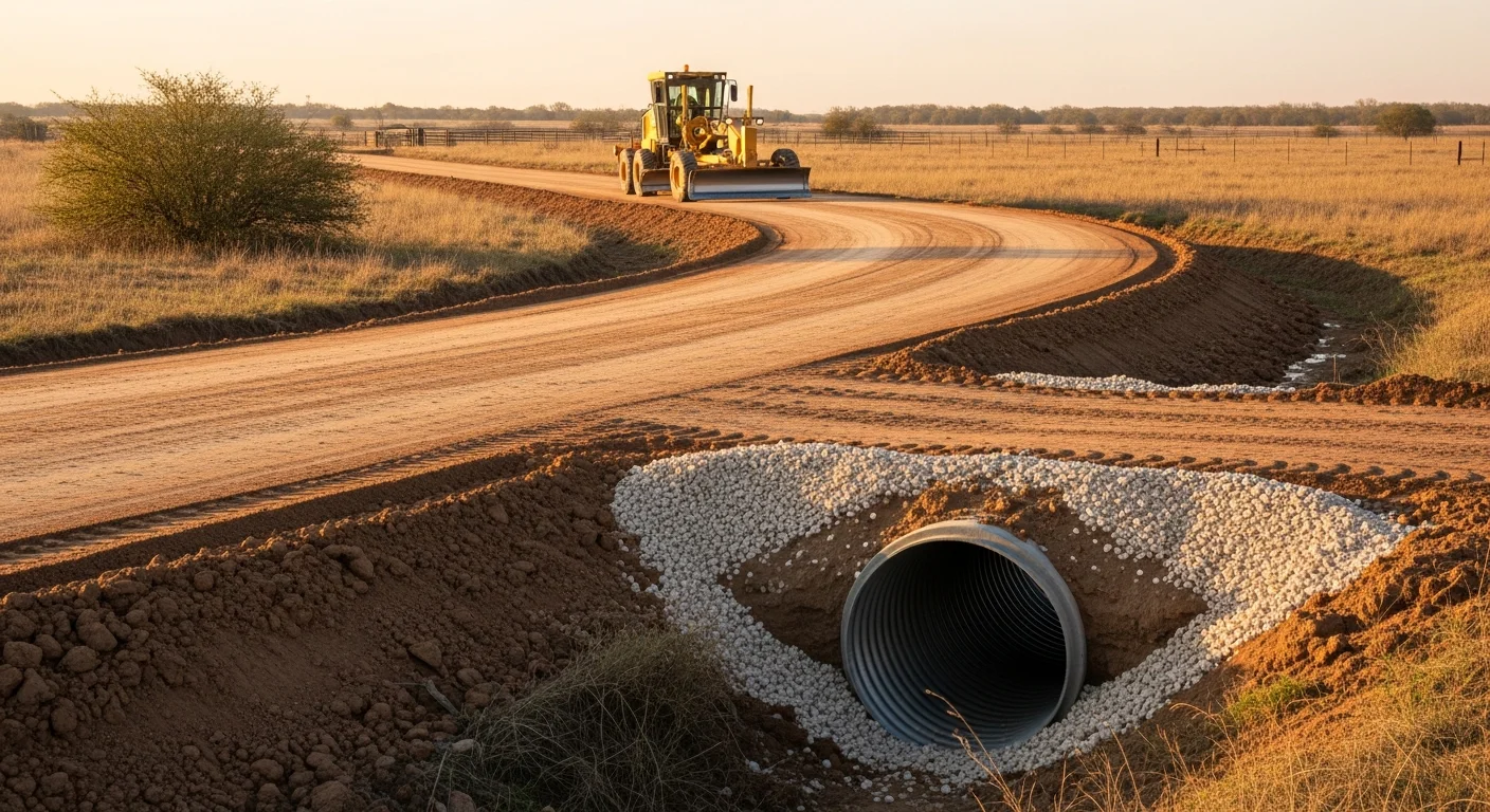 A freshly graded ranch road cutting through open pasture land on a Springtown, Texas property, with a compacted gravel surface, shaped road crown, and a culvert visible at a low water crossing. Heavy equipment tracks are visible at the road edge, showing active earthwork construction.