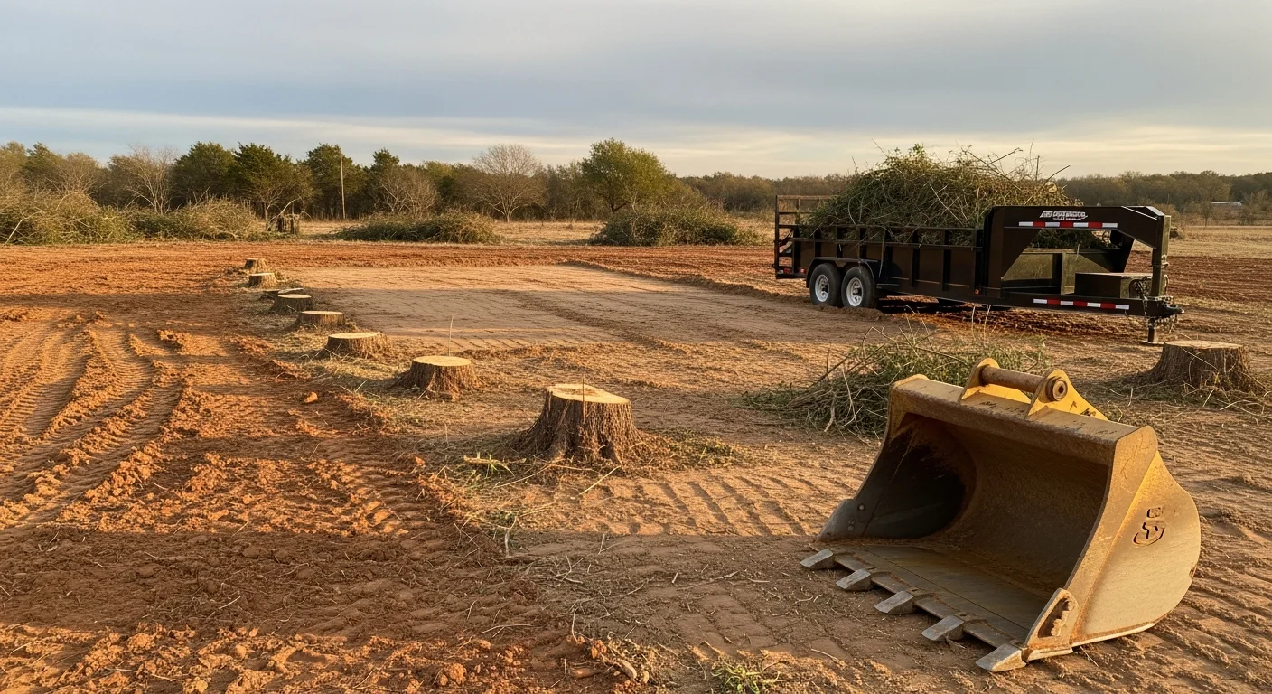 A freshly cleared residential lot in Springtown, Texas with stumps, brush, and debris removed, leaving flat open ground ready for construction. Heavy equipment tracks visible across clay soil with surrounding Parker County tree line in the background.