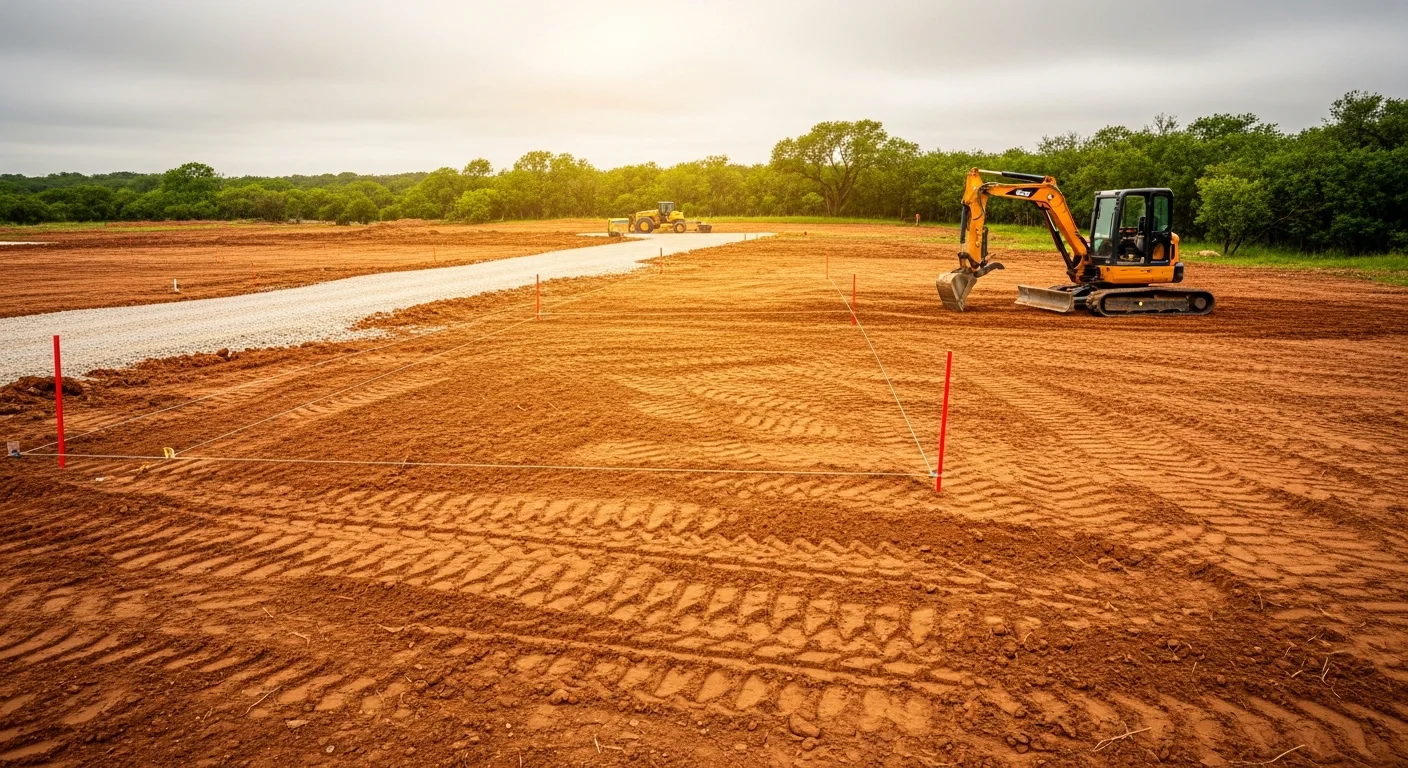 A Springtown, TX building site after professional site preparation, showing a level, graded dirt pad with cleared land and compacted soil ready for foundation work. Parker County rural acreage in the background with no structures yet built.