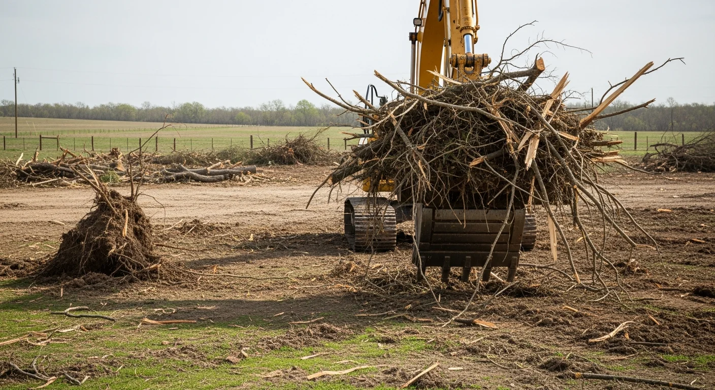 A cleared residential lot in Springtown, Texas after storm debris removal, with fallen tree sections and broken fence material loaded onto a haul-off truck. A demolition crew member stands near heavy equipment used to move large debris from the property.