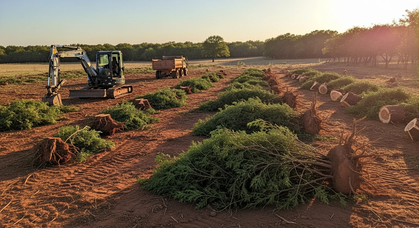 A Springtown, TX rural property after professional vegetation removal, showing cleared cedar and mesquite brush with open, accessible land ready for use. Heavy equipment tracks are visible along the cleared fence line in a Parker County setting.